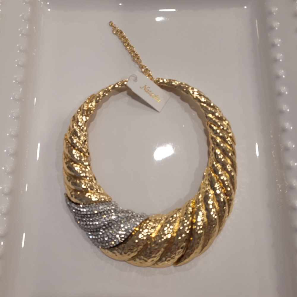 Natasha Necklace: Gold-tone with Rhinestones. Thick. Sparkly. Statement. Choker. - Picture 14 of 15